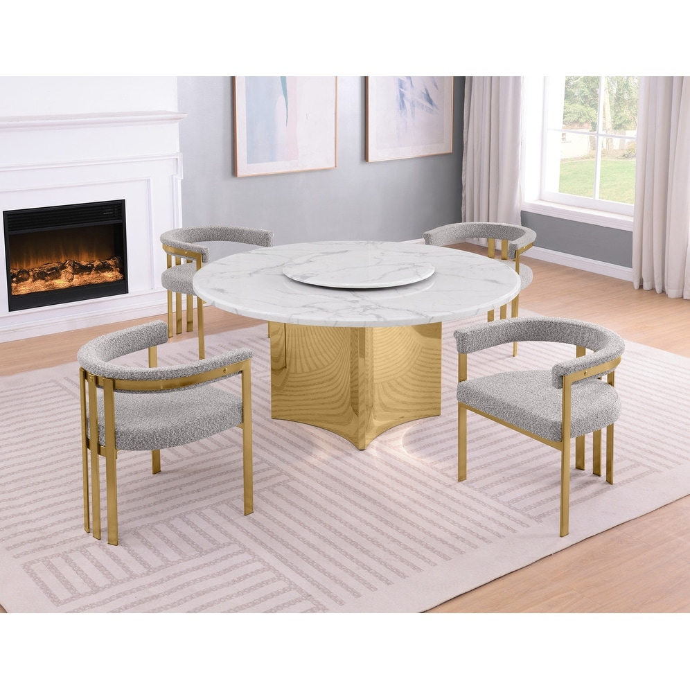 Best Quality Furniture 5pc White Marble Dining Table w/ Lazy Susan