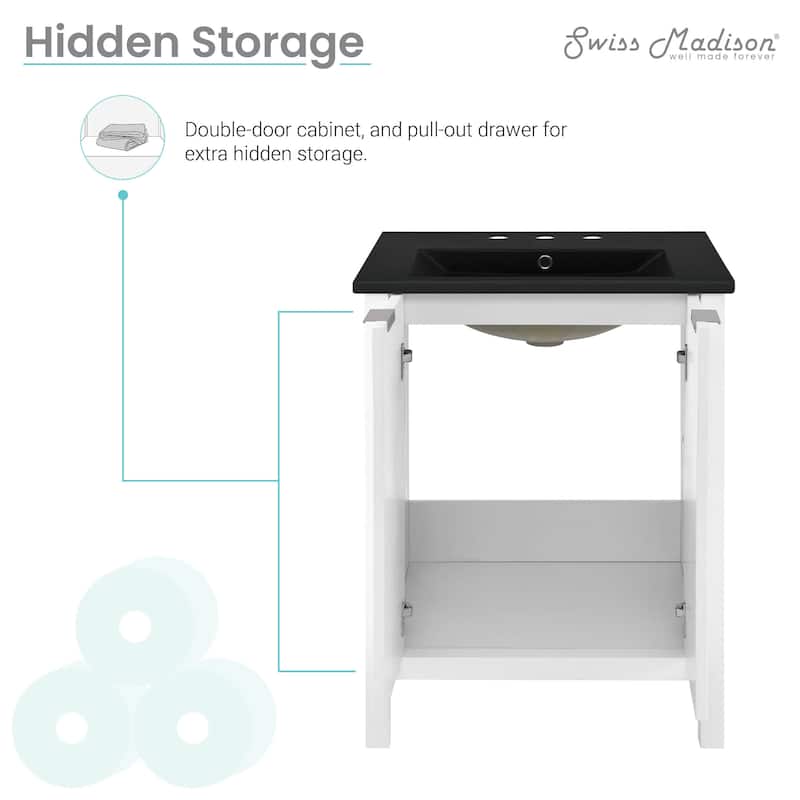 Bastille 24 In. White Bathroom Vanity With Black, 3-Hole Ceramic Sink Top