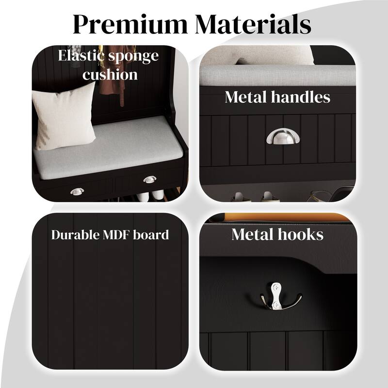 3 in 1 Hallway Hall Tree with 2 Storage Drawer and 4 Coat Rack - Black