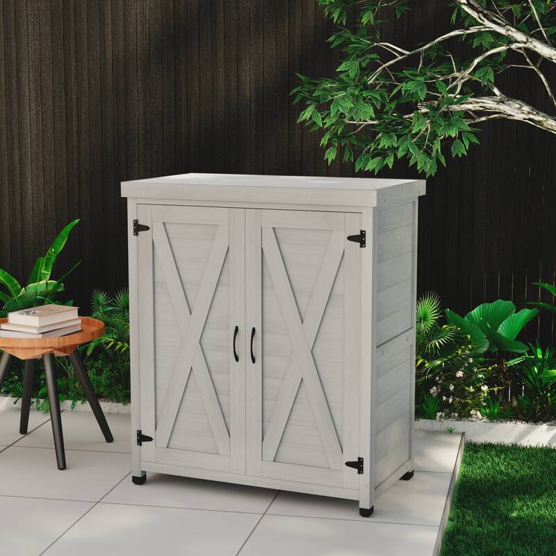 Potting Bench with Storage Cabinet and Metal Table Top for Outdoor Patio