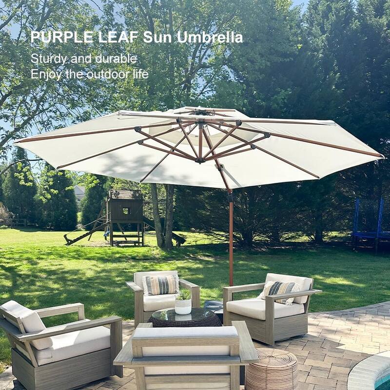 PURPLE LEAF 12ft Round Wood Pattern Patio Cantilever Umbrella