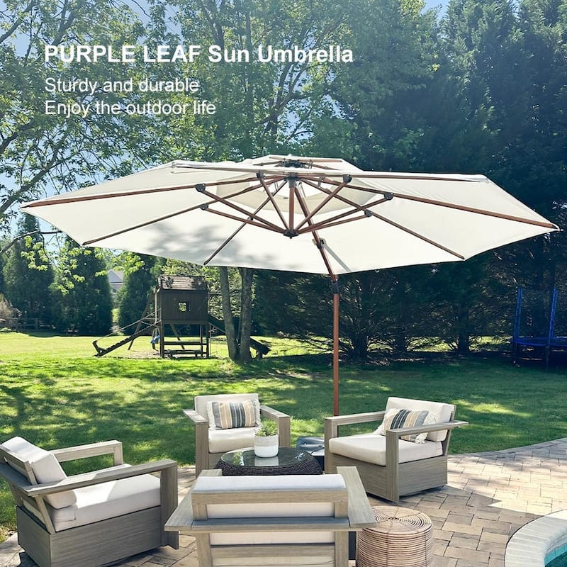 PURPLE LEAF Double Top10/11/12/13ft Round Patio Cantilever Umbrella in Wood Color