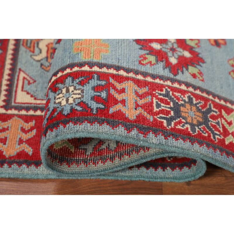 Geometric Blue Kazak Oriental Accent Rug Handmade Wool Carpet - 3'6" x 5'0"