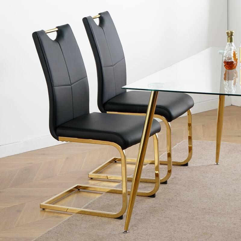 Modern Dining Chairs with Faux Leather Padded Seat - Black+Golden - Set of 2