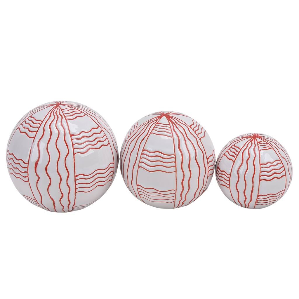 Ceramic Set of 3 Curvy Line Painted Orbs, 4, 5, 6" Wht, red 6.0"H - 6.0" x 6.0" x 6.0"