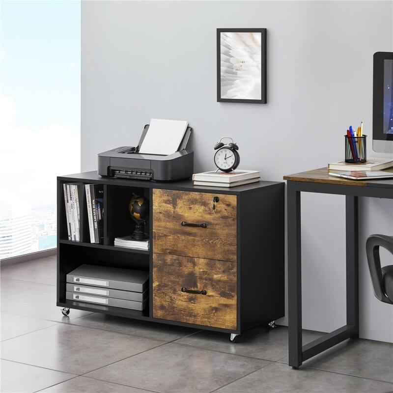 Yaheetech Rolling File Cabinet with 2 Drawers and 2 Open Shelves