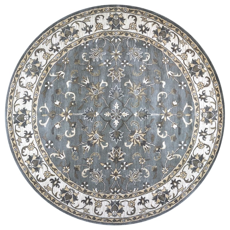 Alora Decor Liberty Traditional Hand-Tufted Bordered Grey/Tan Area Rug - 8" Round - Gray