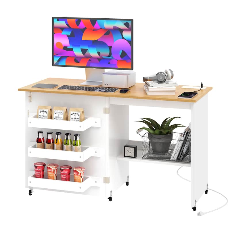 Moasis Folding Sewing Craft Table Computer Desk with Charger Charging Station & Storage Shelves Cabinet