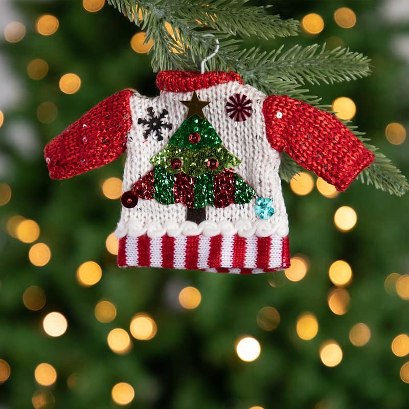 Knitted Ugly Sweater with Hanger Christmas Tree Ornament - 8" - White