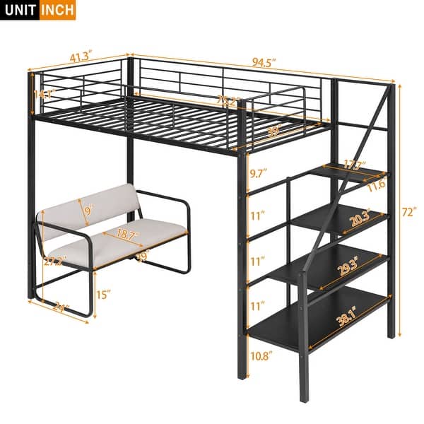 Black Twin Size Metal Loft Bed with Bench and Storage Staircase - Bed ...