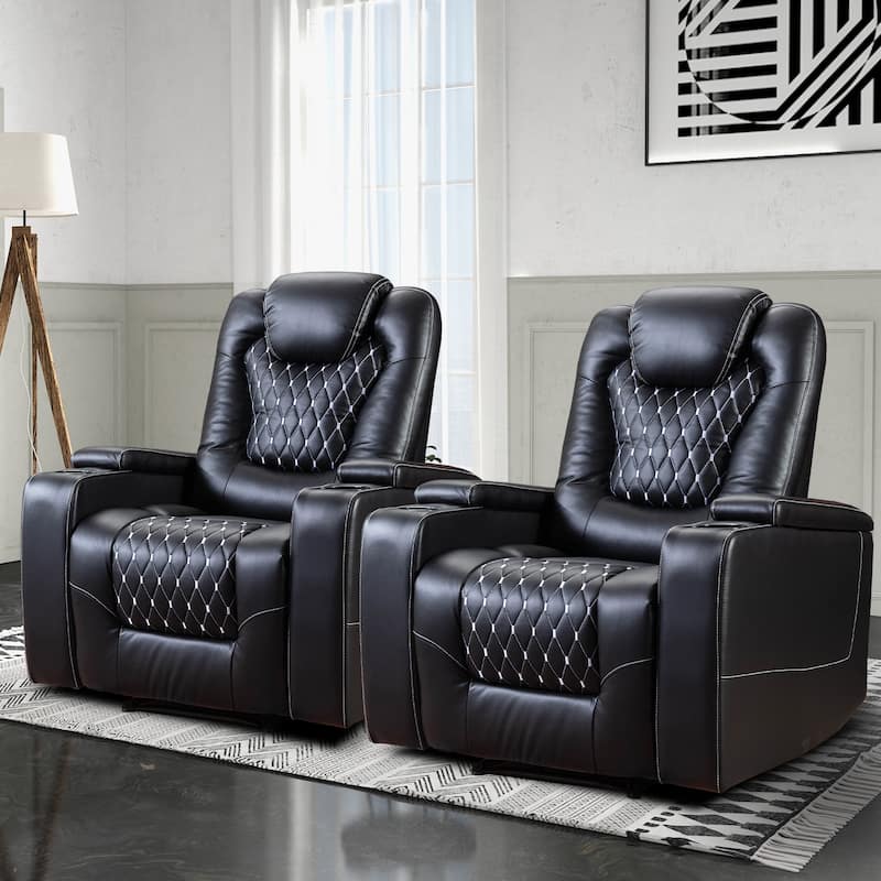 Overstuffed Electric Home Theater Seating PU Leather Reclining Furniture with Hidden Arm Storage - 2seatBlack