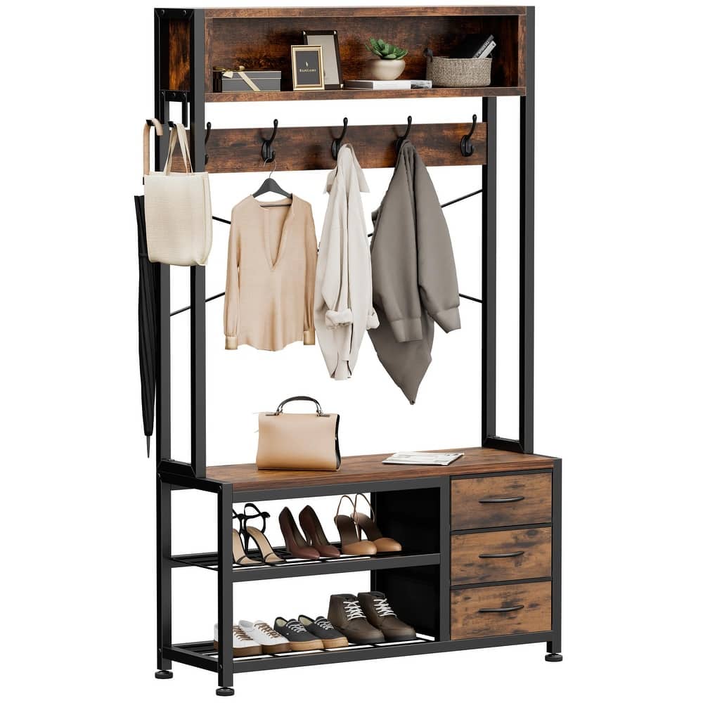 5-in-1Hall Tree Entryway Shoe Rack with 7 Hooks& 3 Drawers