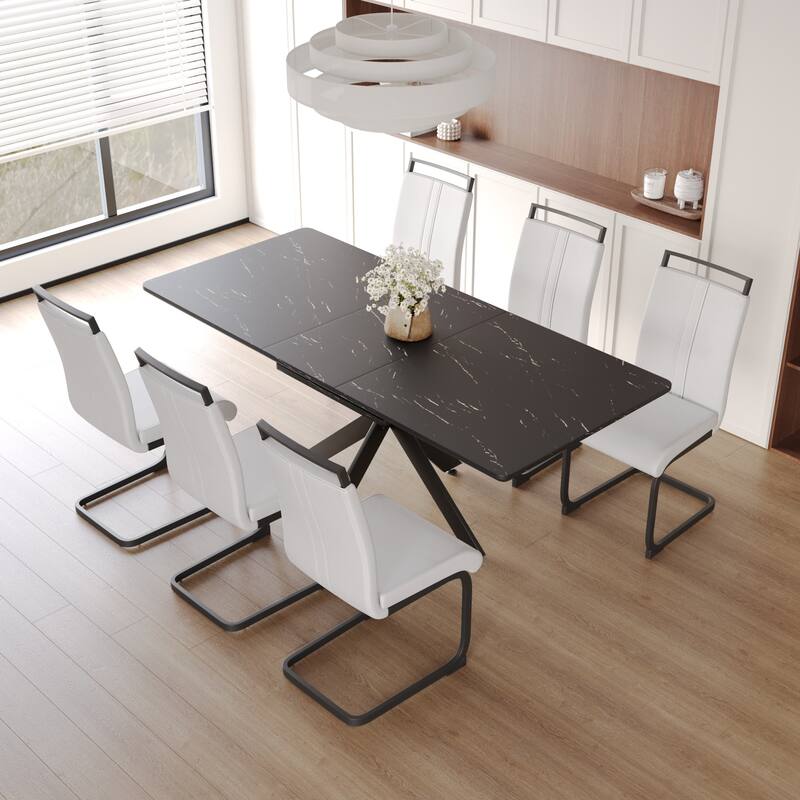 Modern Dining Set with Rectangular Extendable Table & High Back C-shaped Tube Armless Chairs