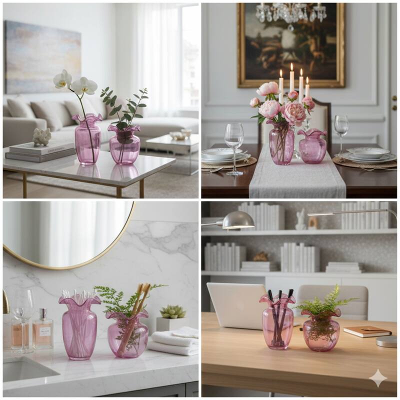 Fleurine Set of 2 Fluted Blooming Decorative Glass Flower Table Vases