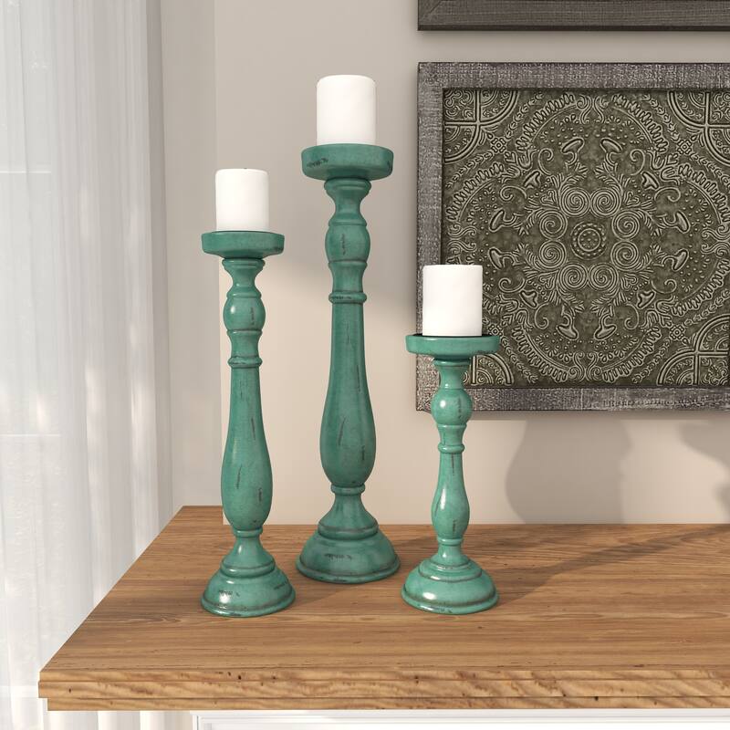 Teal Wooden Distressed Turned Decorative Candle Holder (Set of 3)