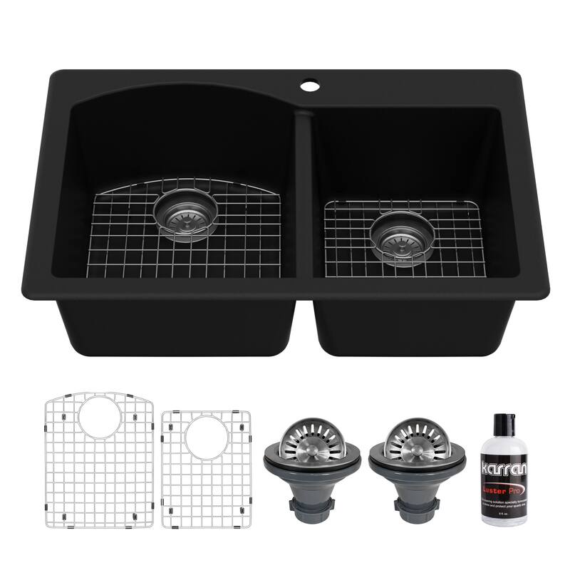 Karran Drop-In Quartz 33 in. 1-Hole 60/40 Double Bowl Kitchen Sink Kit - Black