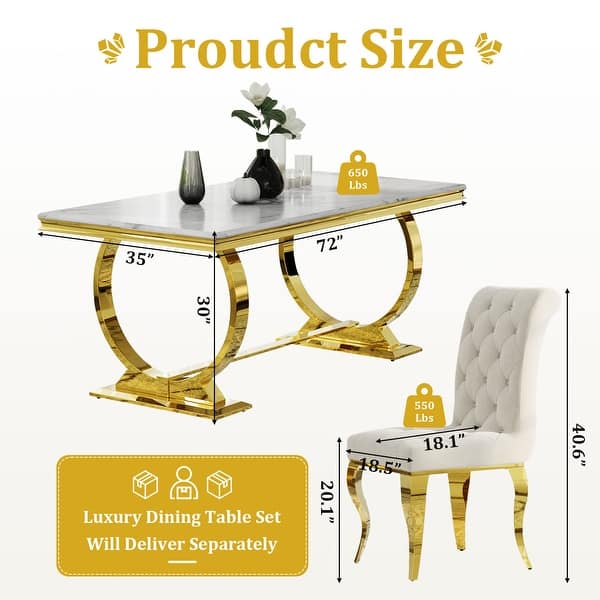 dimension image slide 2 of 6, Luxurious Dining Room Table Set with Buttons Tufted Velvet Dining Chairs