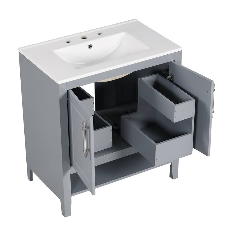 30" Bathroom Vanity Set with Sink, Solid Wood & MDF Board, Freestanding with Multi-Functional Drawers & Doors