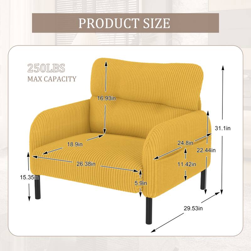 Corduroy Upholstered Single Sofa Chair, Lounge Reading Chair with Side Pockets, Armchair with Solid Wood Frame