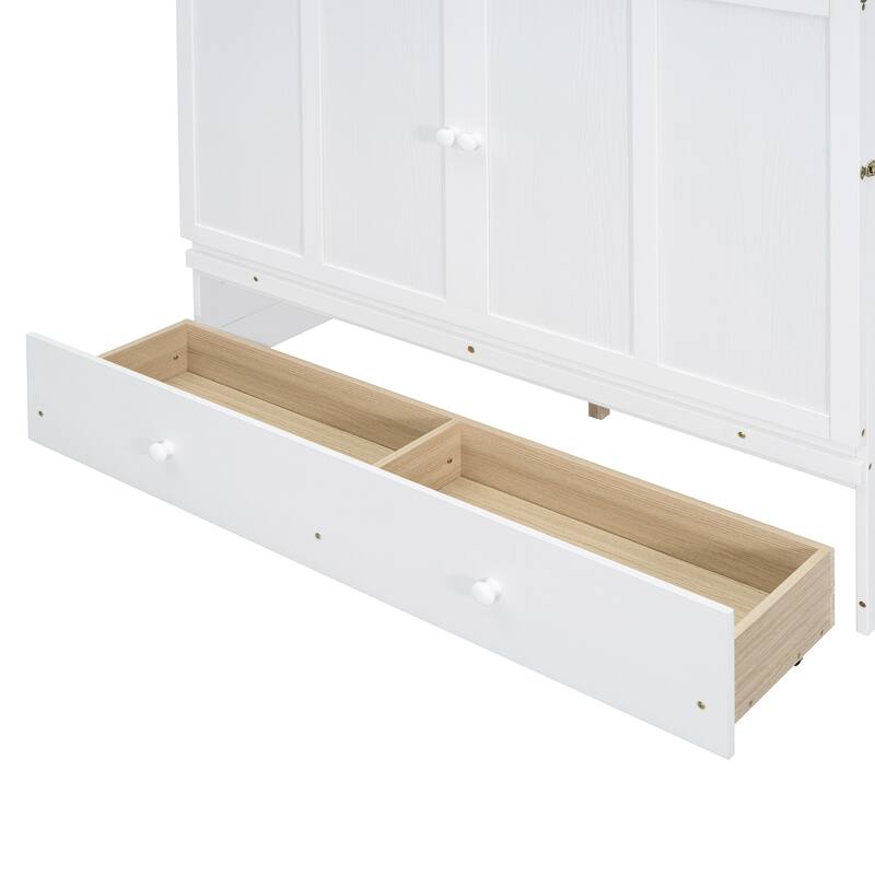 Queen Size Murphy Bed Cabinet with USB Charging Ports and Storage Drawer, Foldable Space-Saving Design with Pine Wood Frame