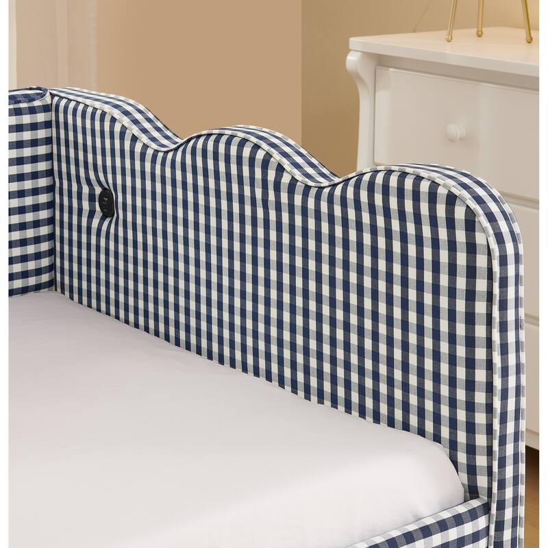 Roomfitters Gingham Daybed with Trundle, Twin Upholstered Sofa Bed with USB Port and Wave Edge Design