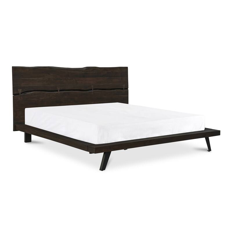 NADAAL STUDIOS Sterling Brown Solid Acacia Queen Platform Bed with Organic Edge Headboard and Steel Legs