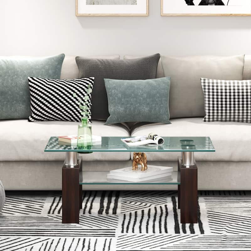 Costway Rectangle Glass Coffee Table Metal Legs End Table Livingroom