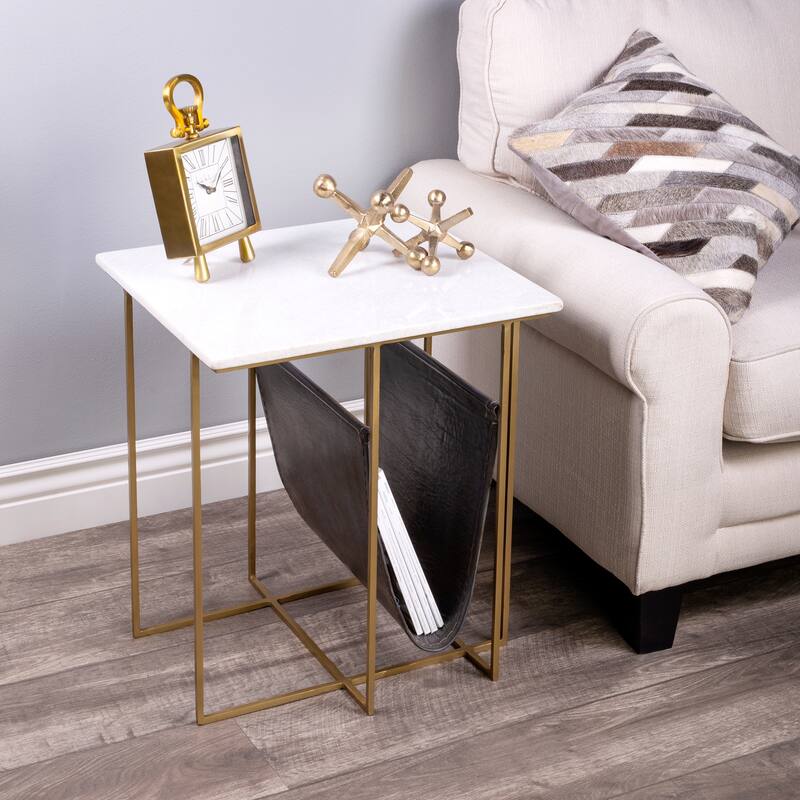 Stephanik 20.25 in. W Rectangular Marble & Leather Magazine Side Table