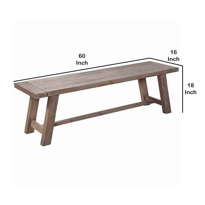 Farmhouse Wooden Dining Bench with Grain Details and Plank Top, Brown - 18 H x 60 W x 16 L