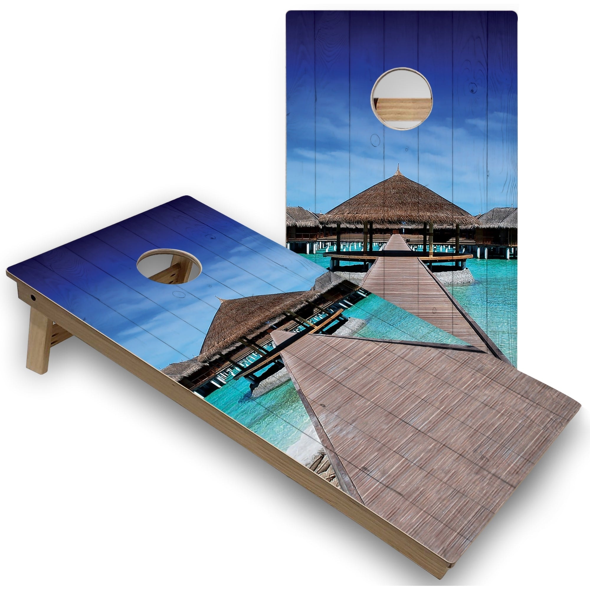 Solid Wood Cornhole Boards - Tropical Paradise Design