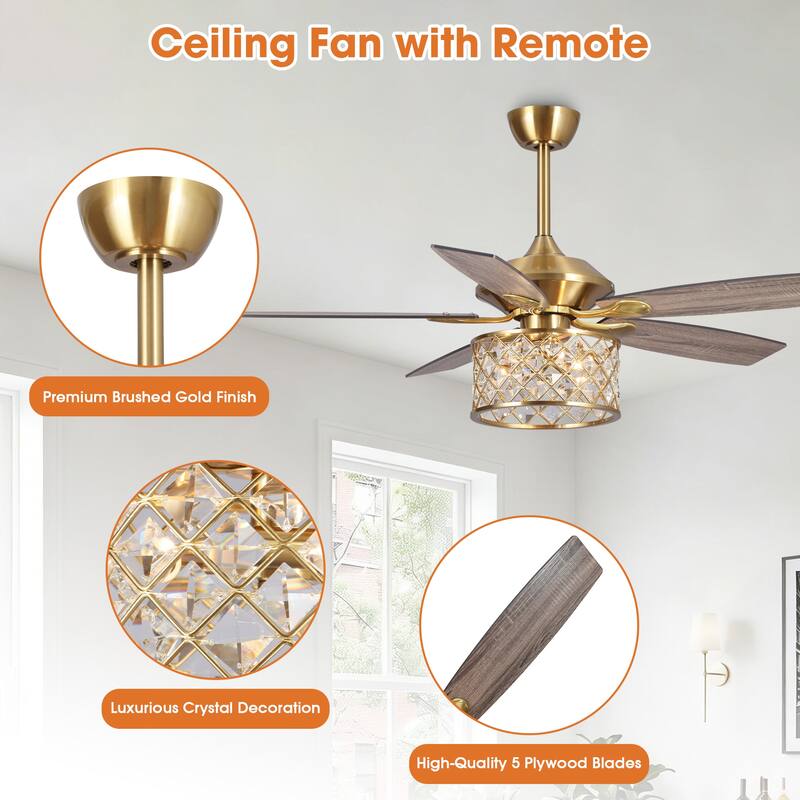 52" Modern Wood 5-Blade Gold Crystal Ceiling Fan Fandelier with Remote