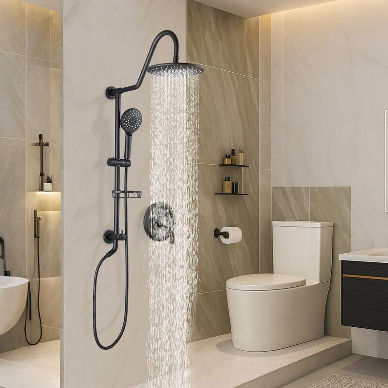 10-Inch Matte Black Shower System with Slide Bar, 3-Function Hand Shower&Soap Dish, Air Injection Rainfall Shower Combo​