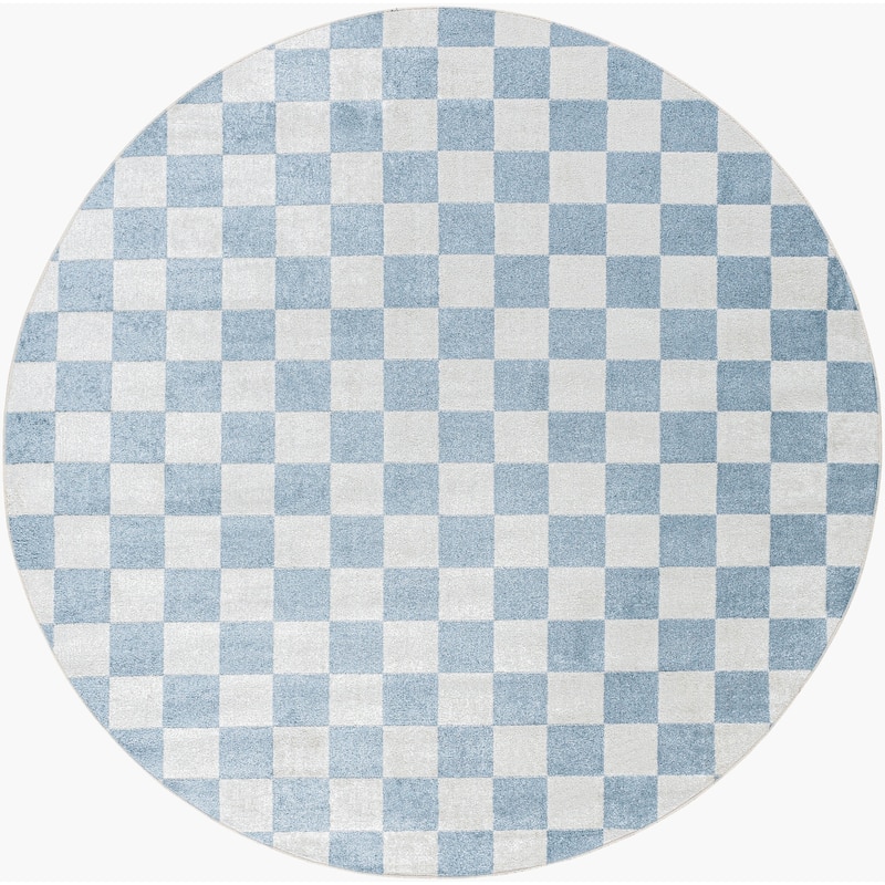 Livabliss Lillian Machine Washable Checkered Area Rug - 6'7" Round - Blue/Grey