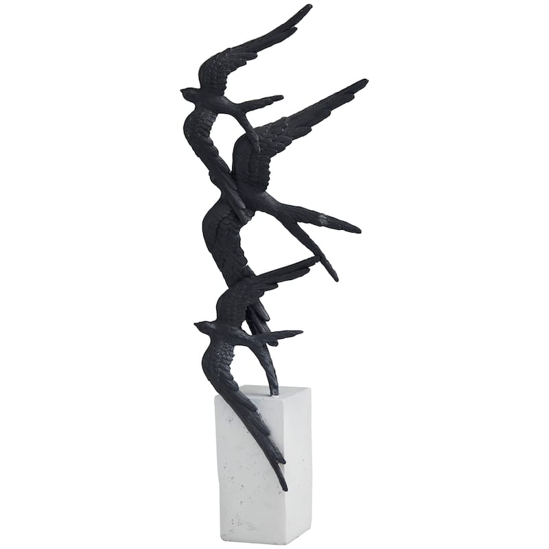 Black Polystone Flying Bird Sculpture with White Block Base
