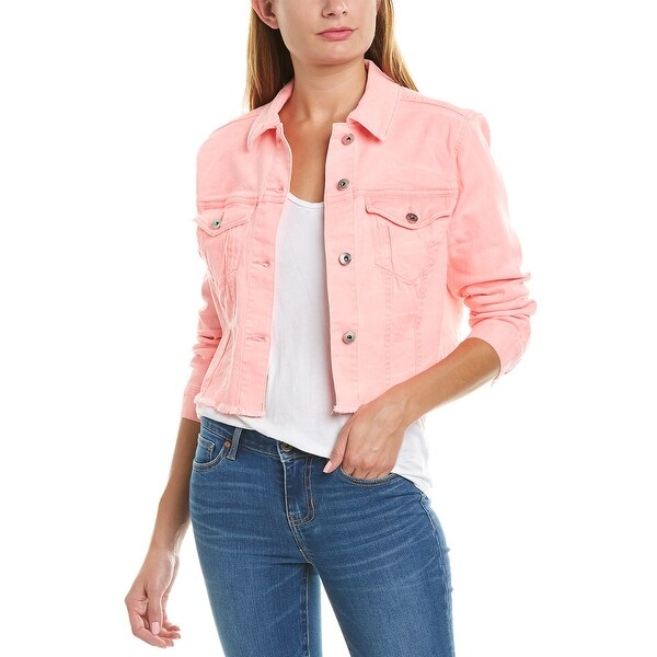 neon pink cropped denim jacket