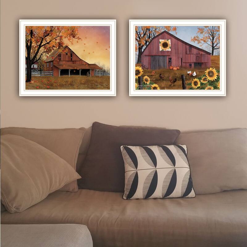 2-Piece Framed Wall Art Set - Apple Picking & Sunflower Quilt Barn, White Frame