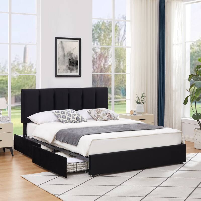 Black Bed Frame with 4 Storage Drawers, Upholstered Platform Bed Frame with Adjustable Headboard