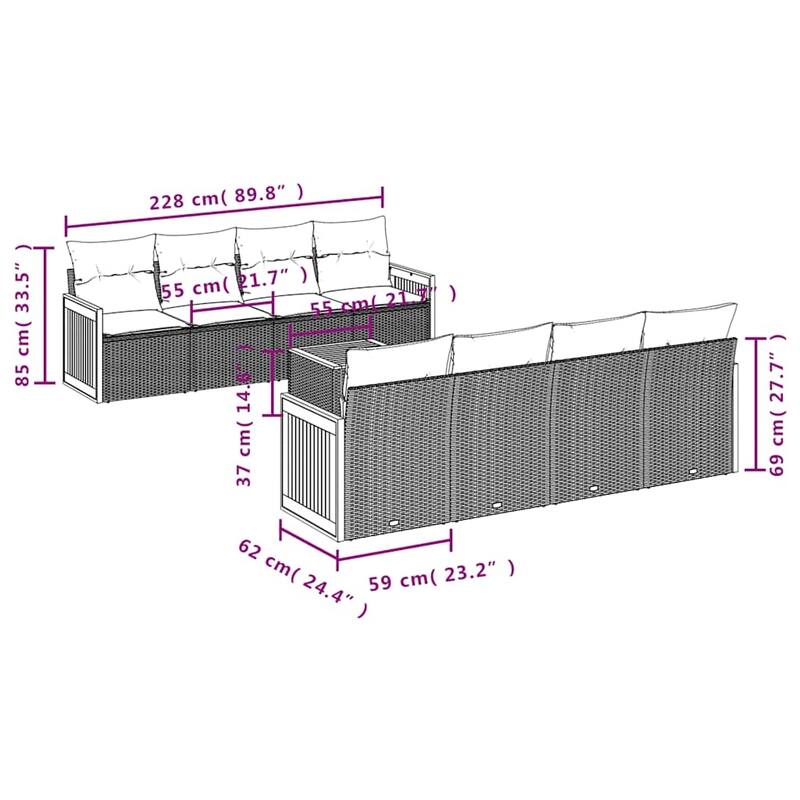 vidaXL 9 Piece Patio Sofa Set with Cushions Black Poly Rattan - 21.7 x 24.4 x 27.2