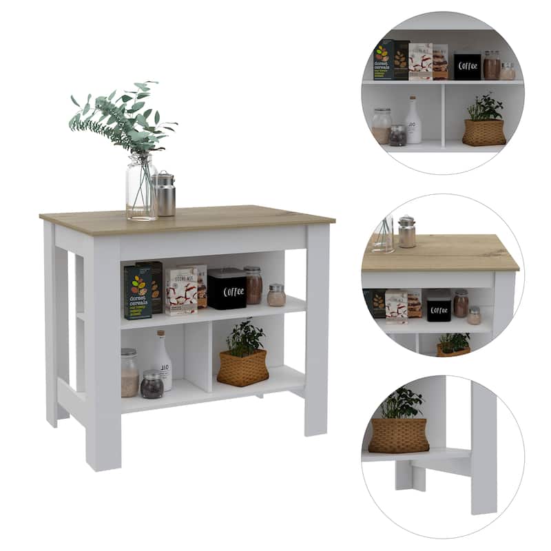 Cala Kitchen Island, Four Legs, Three Shelves -White / Light Oak