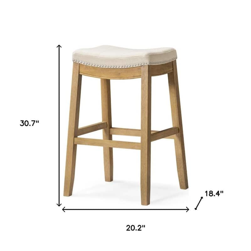 HomeRoots 31" Bone and Natural Faux Leather and Solid Wood Backless Bar Height Bar Chair