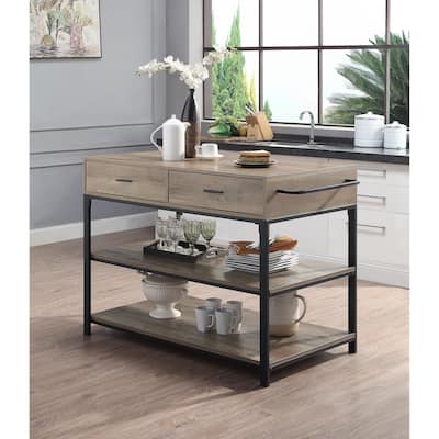 2 Tier Shelf Industrial Kitchen Island with 2 Drawers and Side Towel Rack, Metal Base Kitchen Storage Rustic Oak Black Finish