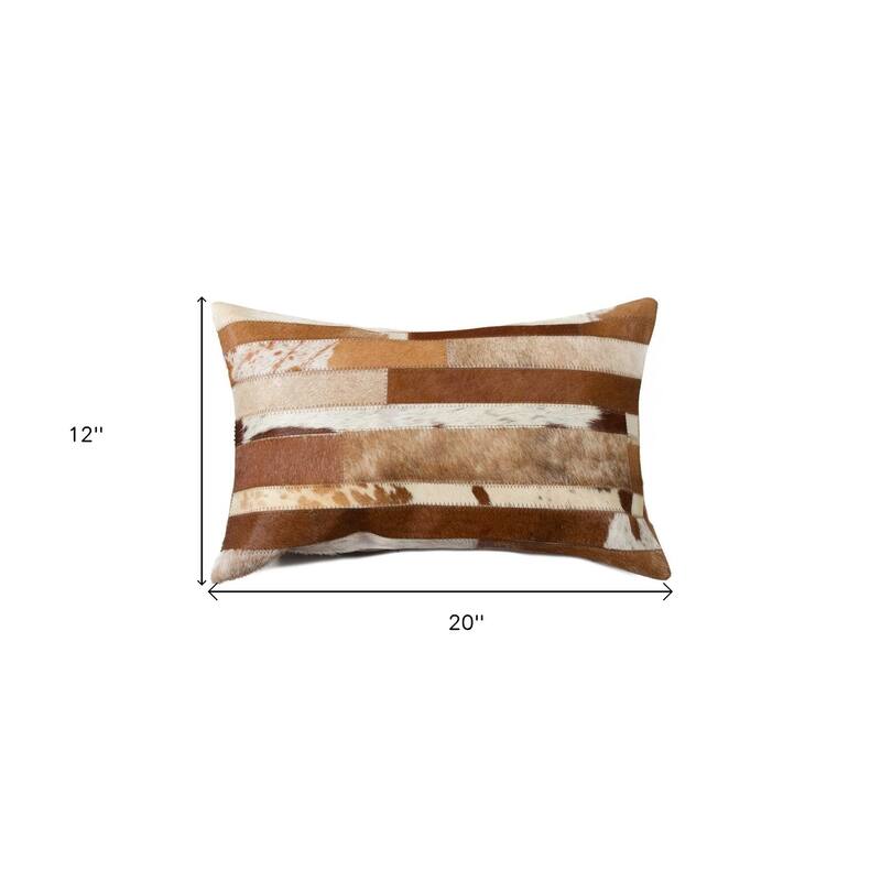 HomeRoots 12" X 20" Brown and White Cowhide Throw Pillow