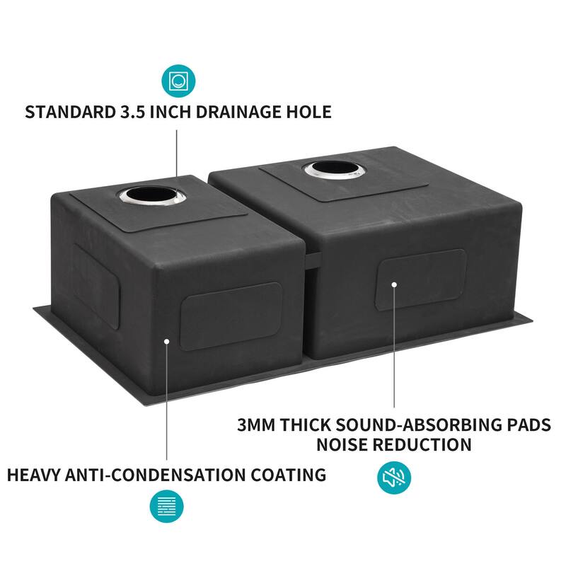 33 inch Gunmetal Black Double Bowl(60/40) Undermount Sink - 33x19x10 inch
