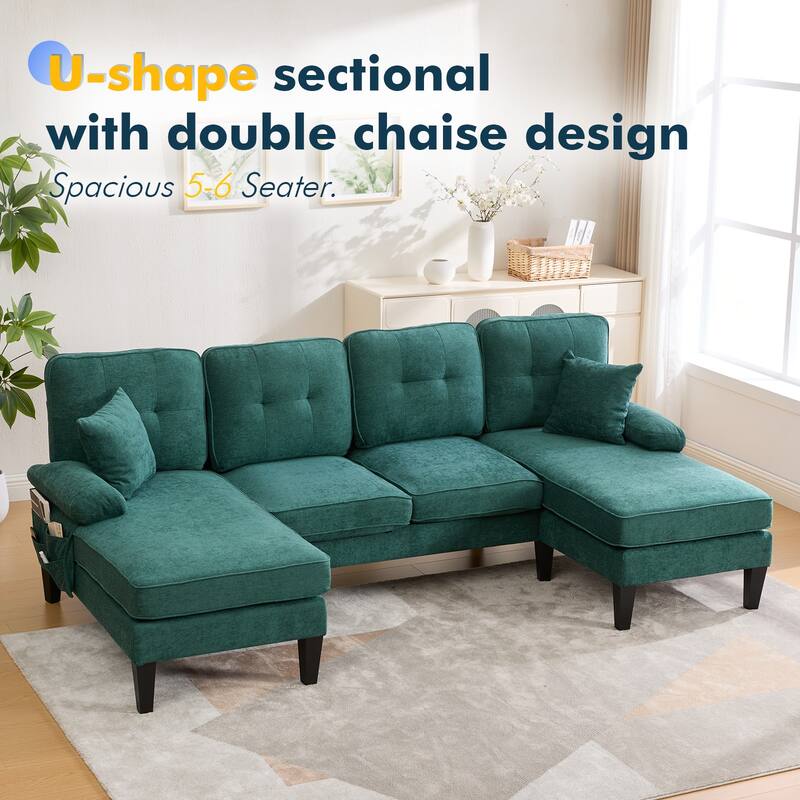HOMEFUN Linen Upholstered U-Shaped 4-seater Tufted Wood Frame Sectional Sofa with Side Pocket