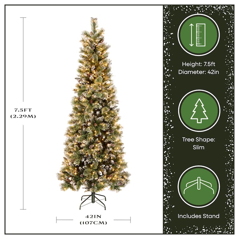 National Tree Company 7.5 ft. Glittery Bristle Slim Pine Hinged Tree with White Tipped Cones - 7.5 Foot