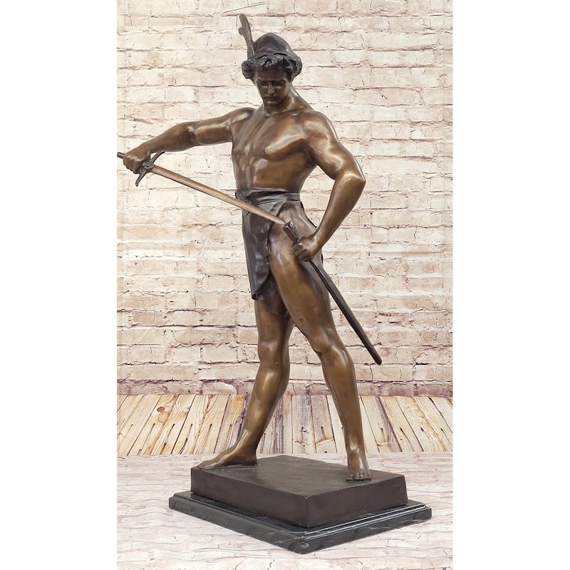 Post Pugnam Picault Bronze Statue Sculpture Warrior Sheathing Sword 35 Inches X 18 Inches