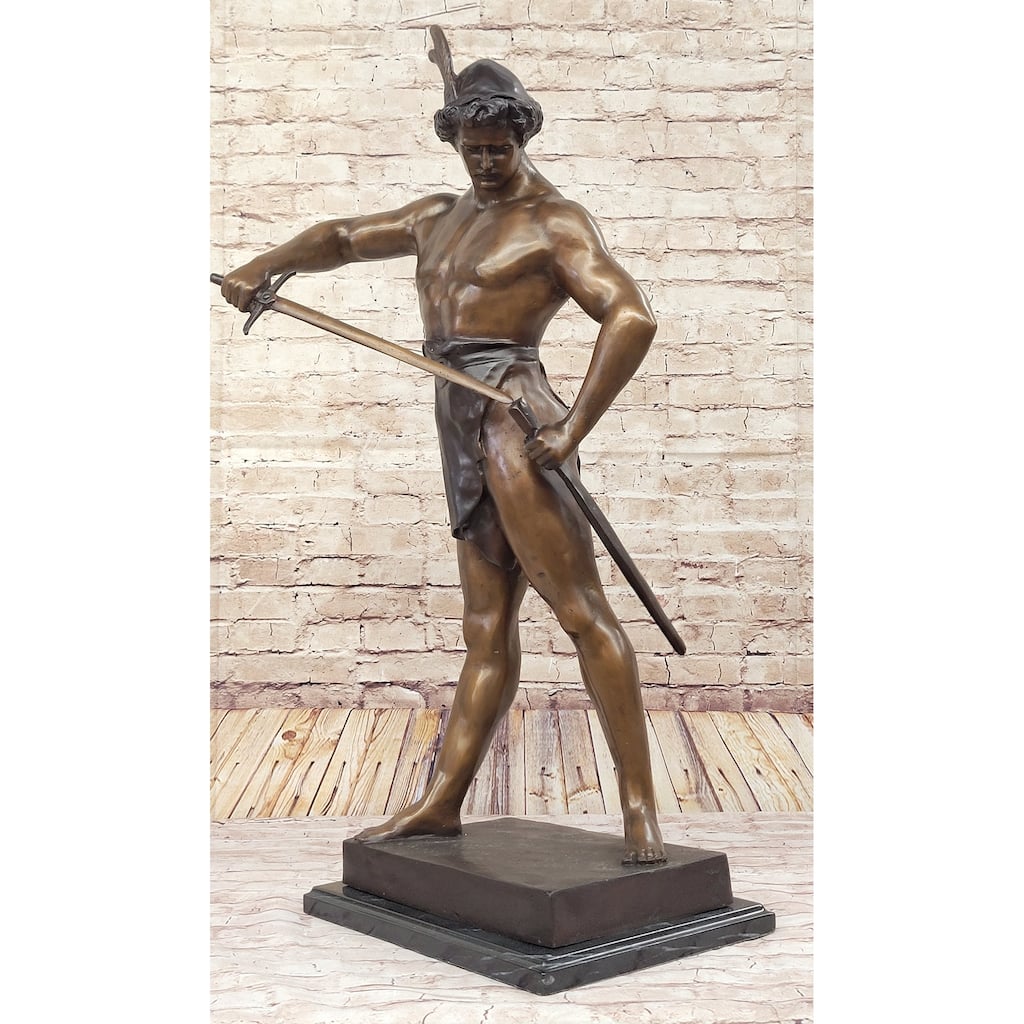 Post Pugnam Picault Bronze Statue Sculpture Warrior Sheathing Sword 35 Inches X 18 Inches