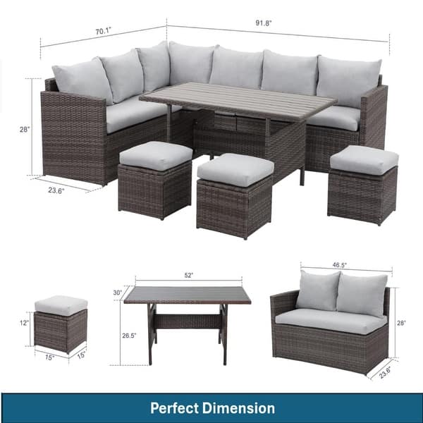 dimension image slide 1 of 2, 9-Seat Wicker Patio Dining Set with Ottomans