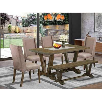 HomeStock 6-Pc Rectangle Distressed Jacobean Finish Solid Wood Top Dining Table with 1-Bench, 4-Chairs