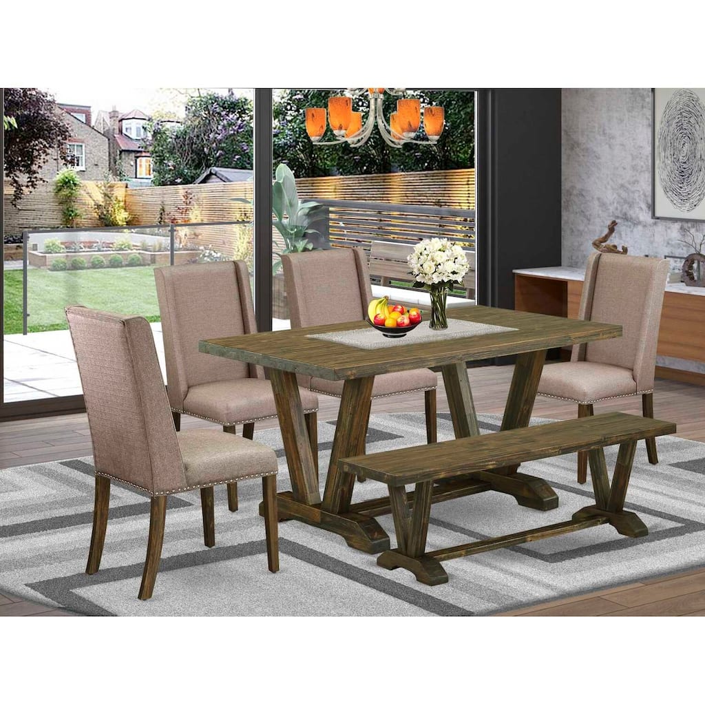HomeStock 6-Pc Rectangle Distressed Jacobean Finish Solid Wood Top Dining Table with 1-Bench, 4-Chairs